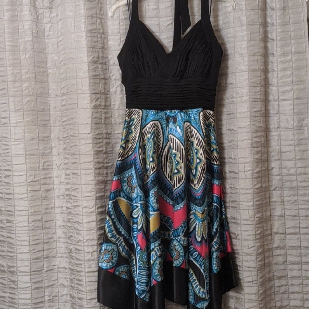 Signature by Sangria Black Bodice Multicolor Handkerchief Hem Dress